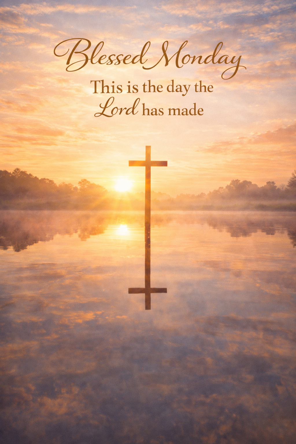 Wooden cross reflected in a perfectly still lake at sunrise, golden light and pink clouds, text "Blessed Monday -- This is the day the Lord has made" -- vertical Monday blessing wallpaper for WhatsApp